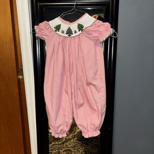 Pink Gingham Baby Romper with Tree Embroidery